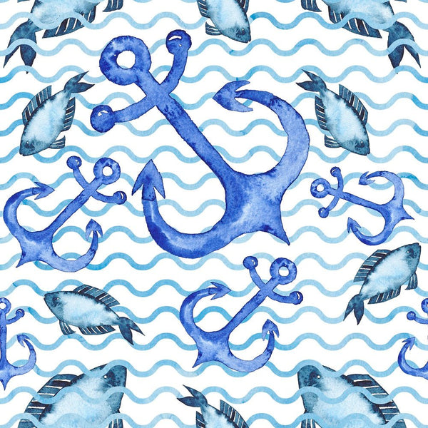 Watercolor Fish & Anchors on Waves Fabric - ineedfabric.com