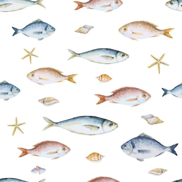 Watercolor Fish and Sea Shells Fabric - ineedfabric.com