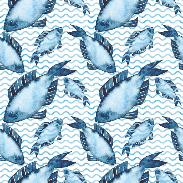 Watercolor Fish on Waves Fabric - ineedfabric.com