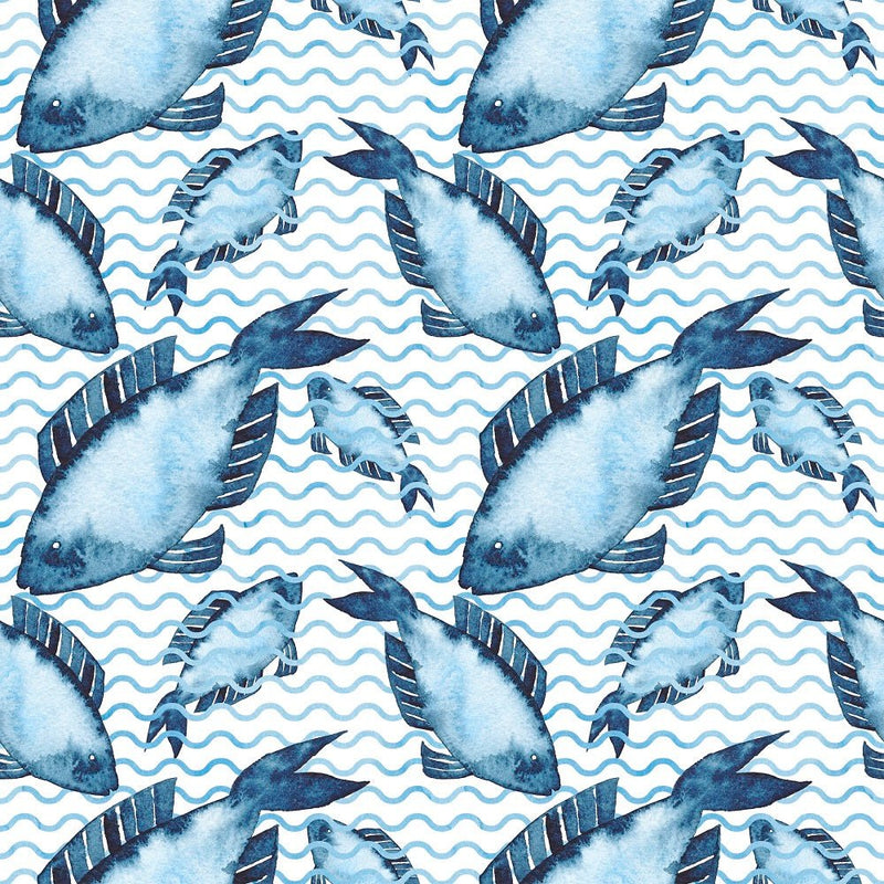Watercolor Fish on Waves Fabric - ineedfabric.com