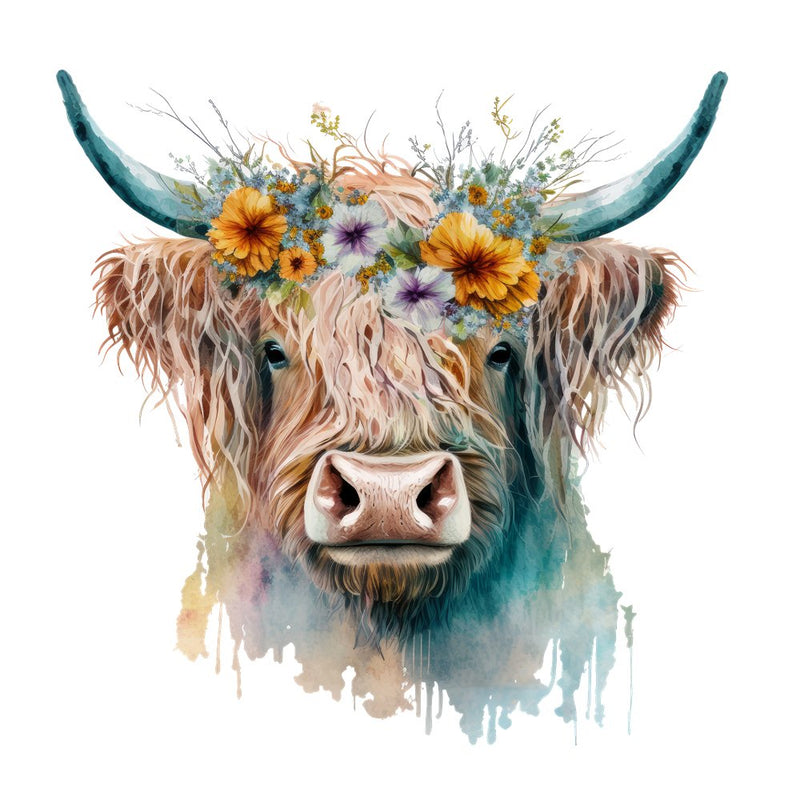 Watercolor Floral Highland Cow 13 Fabric Panel - ineedfabric.com