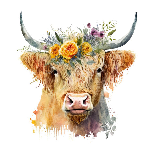 Watercolor Floral Highland Cow 2 Fabric Panel - ineedfabric.com