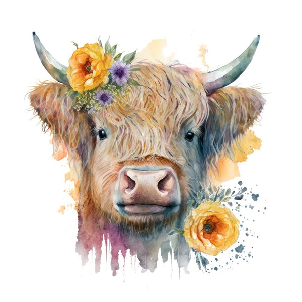Watercolor Floral Highland Cow 5 Fabric Panel - ineedfabric.com