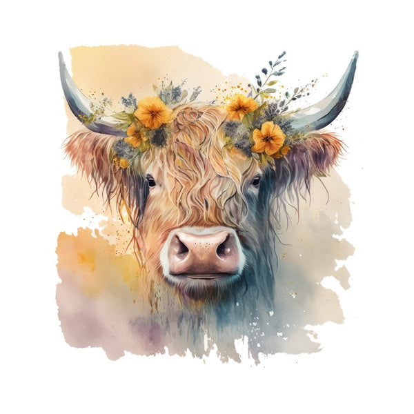Watercolor Floral Highland Cow 6 Fabric Panel - ineedfabric.com