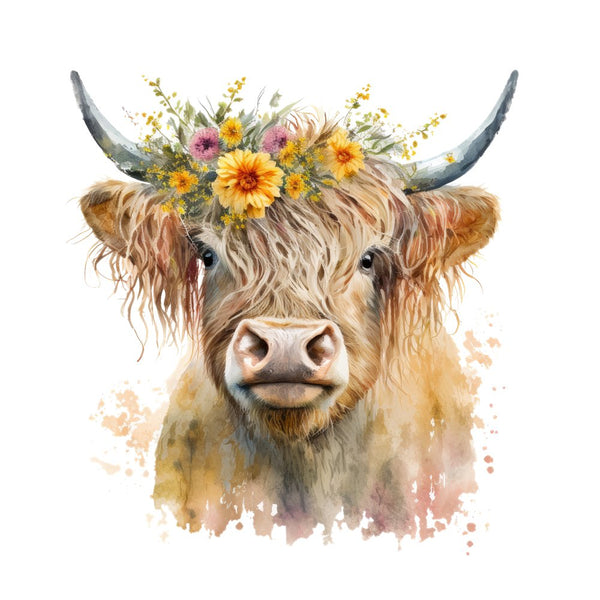 Watercolor Floral Highland Cow 7 Fabric Panel - ineedfabric.com