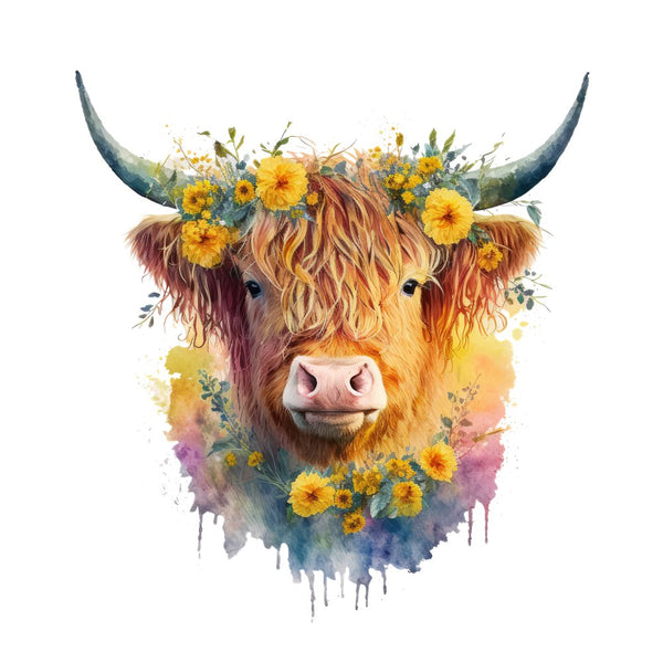Watercolor Floral Highland Cow 8 Fabric Panel - ineedfabric.com