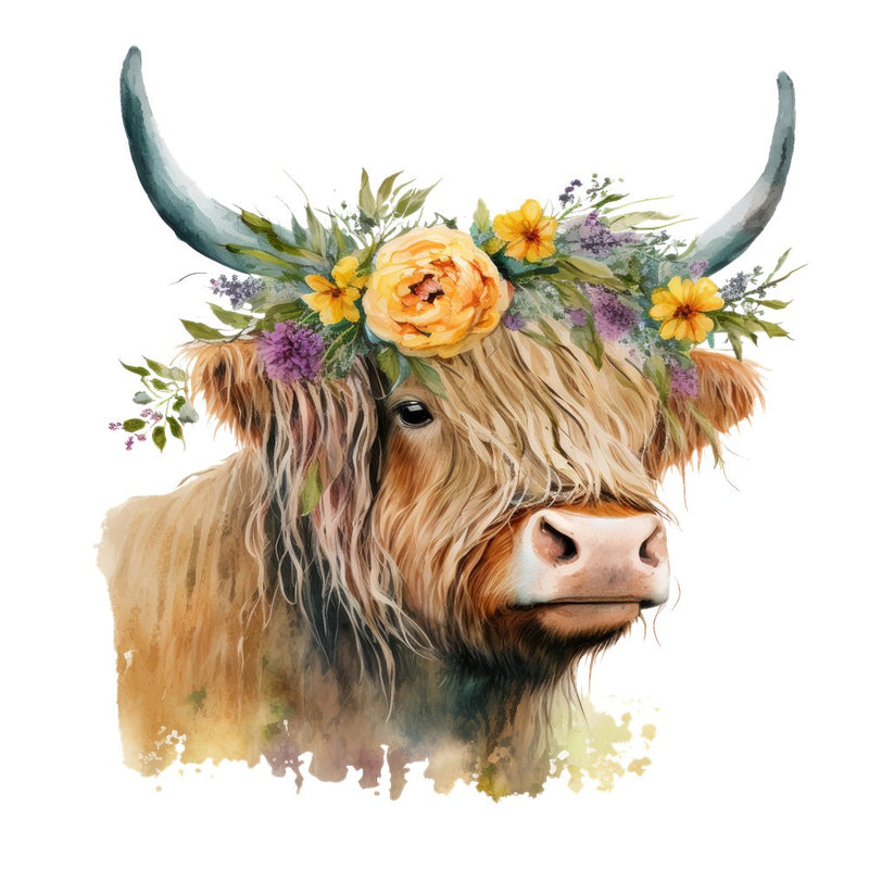 Watercolor Floral Highland Cow 9 Fabric Panel - ineedfabric.com