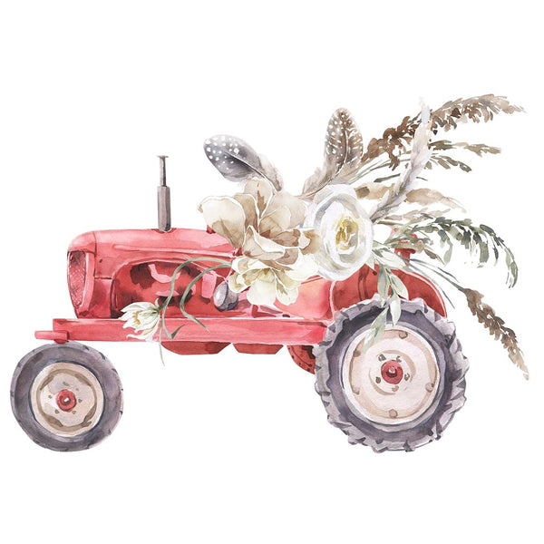 Watercolor Floral Tractor Fabric Panel - Red - ineedfabric.com