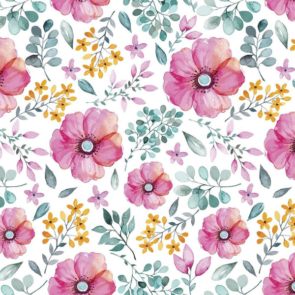 Watercolor Flowers & Leaves Fabric - Pink - ineedfabric.com