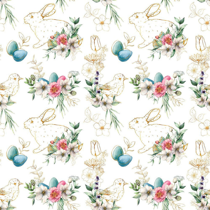 Watercolor Golden Rabbit & Birds Fabric - ineedfabric.com