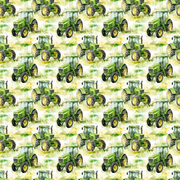 Watercolor Green Tractor In Field Fabric - ineedfabric.com