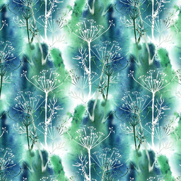 Watercolor Grunge Dill Flowers Fabric - Blue/Green - ineedfabric.com