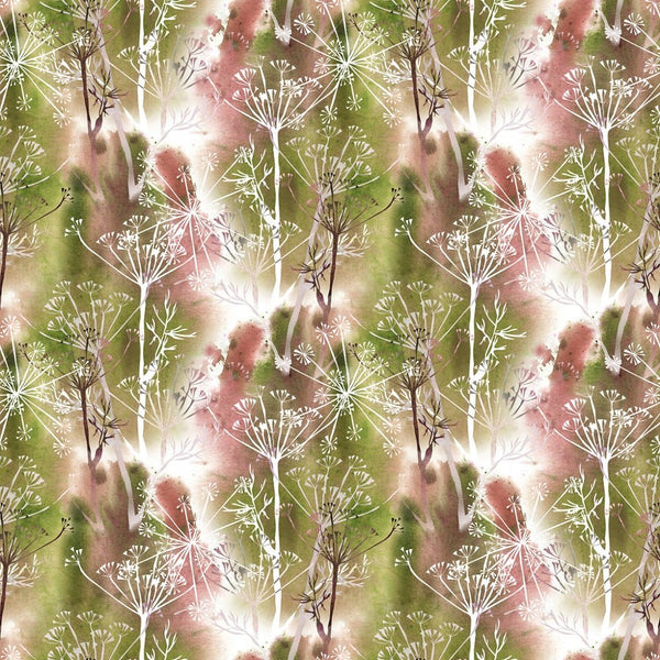 Watercolor Grunge Dill Flowers Fabric - Green/Pink - ineedfabric.com