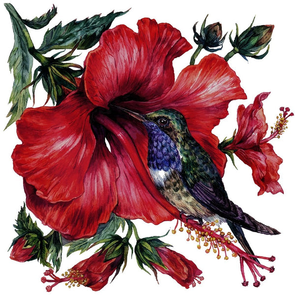 Watercolor Hibiscus & Hummingbird Fabric Panel - White - ineedfabric.com