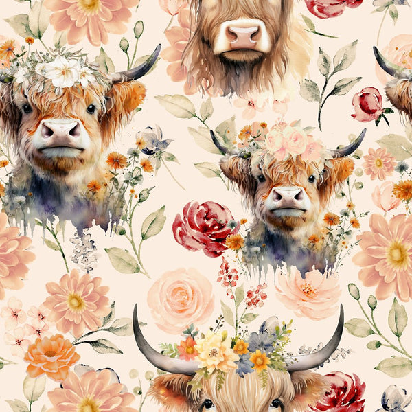 Watercolor Highland Cows & Flowers Fabric - ineedfabric.com