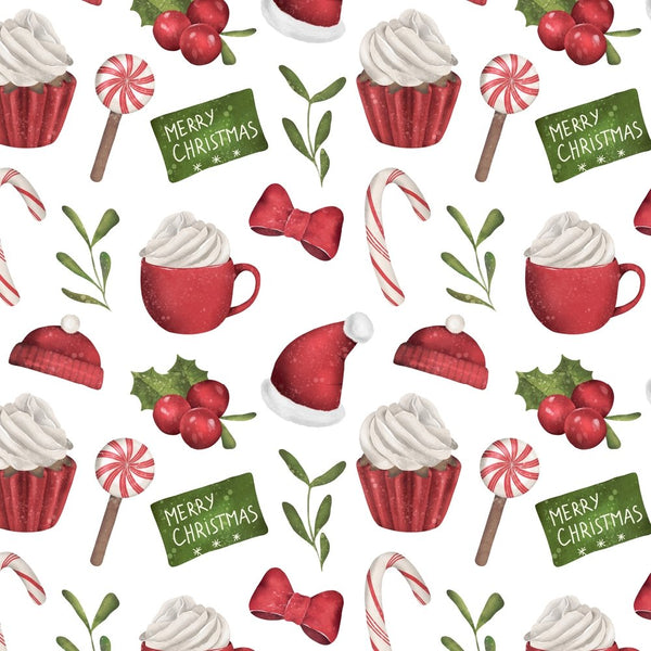Watercolor Holiday Sweets Fabric - White - ineedfabric.com