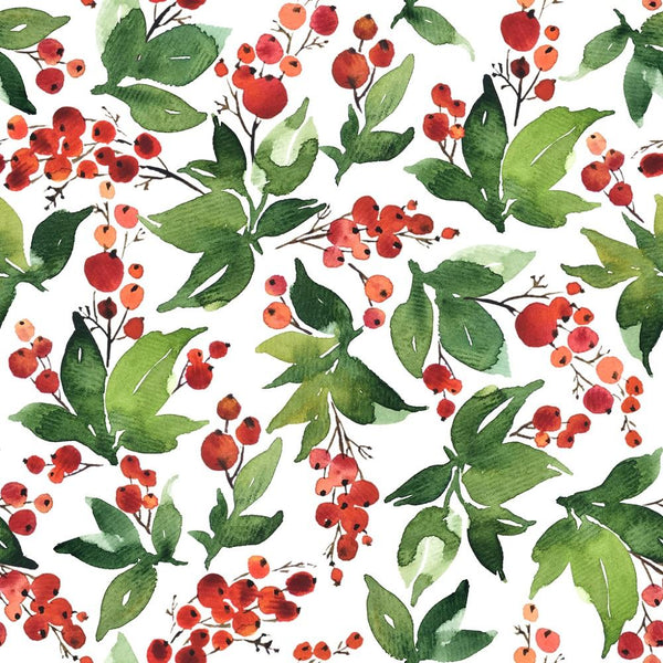 Watercolor Holly & Berries Fabric - White - ineedfabric.com