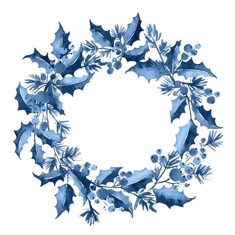 Watercolor Holly & Spruce Wreath Fabric Panel - Blue - ineedfabric.com