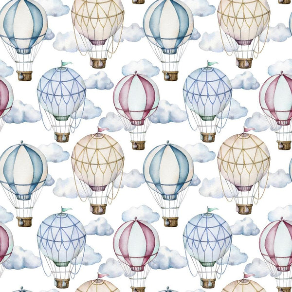 Watercolor Hot Air Balloons & Clouds Fabric - White - ineedfabric.com