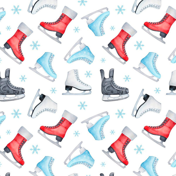 Watercolor Ice Skates & Snowflakes Fabric - ineedfabric.com