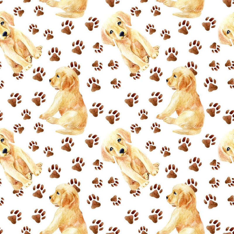 Watercolor Labrador Retriever Puppy & Paw Prints Fabric - ineedfabric.com
