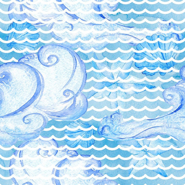 Watercolor Large Nautical Elements on Waves Fabric - ineedfabric.com