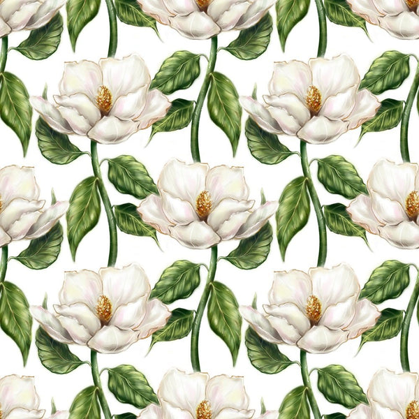 Watercolor Magnolia On Vine Fabric - White - ineedfabric.com