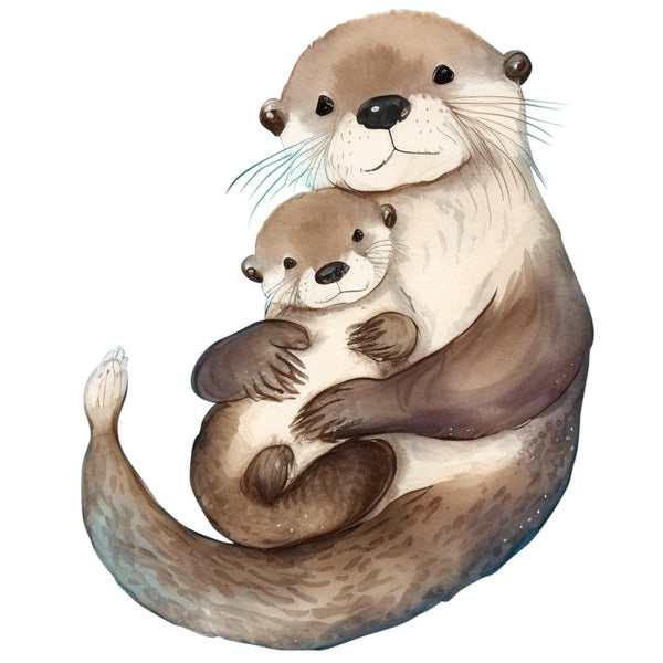 Watercolor Mom and Baby Otter Fabric Panel - ineedfabric.com