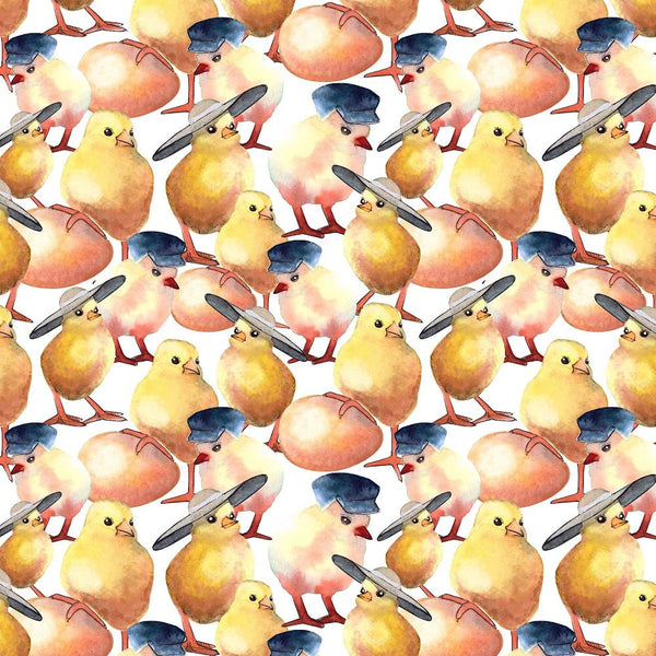Watercolor Packed Chickens Wearing Hats Fabric - ineedfabric.com