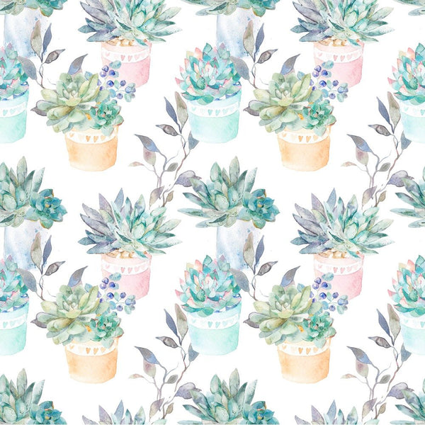 Watercolor Packed Succulents Fabric - White - ineedfabric.com