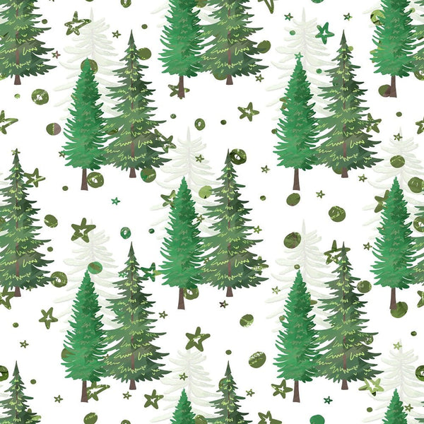 Watercolor Pine Trees Allover Fabric - White - ineedfabric.com