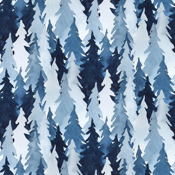 Watercolor Pine Trees Fabric - Blue - ineedfabric.com