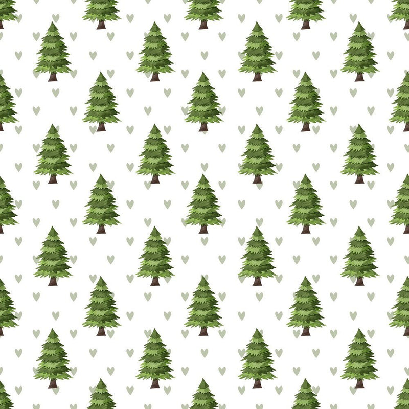 Watercolor Pine Trees Green Hearts Fabric - ineedfabric.com
