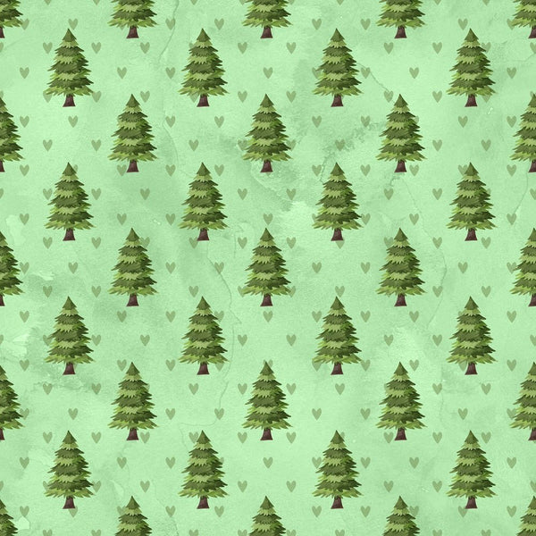Watercolor Pine Trees Green Hearts Fabric - Green - ineedfabric.com