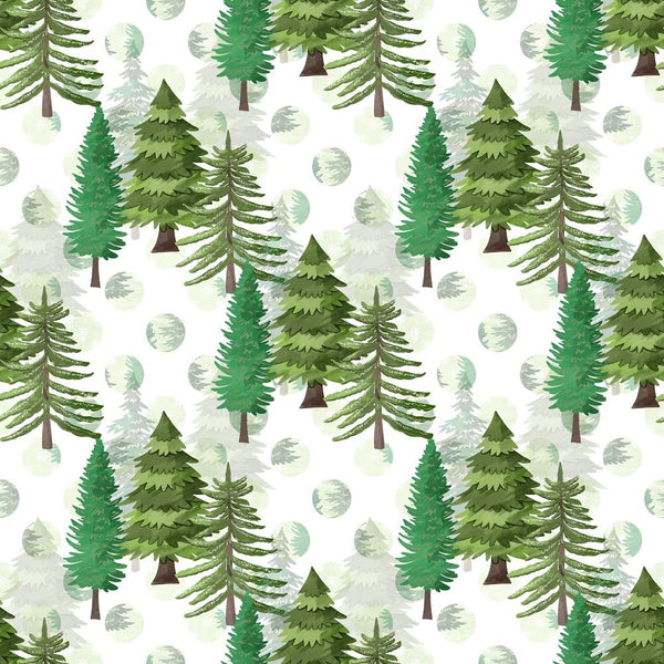 Watercolor Pine Trees on Dots Fabric - White - ineedfabric.com