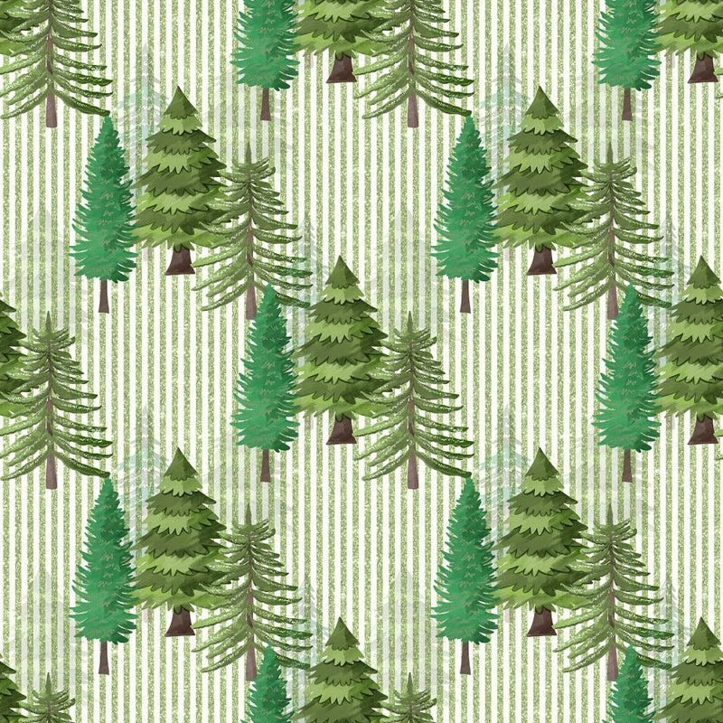 Watercolor Pine Trees on Stripes Fabric - White - ineedfabric.com