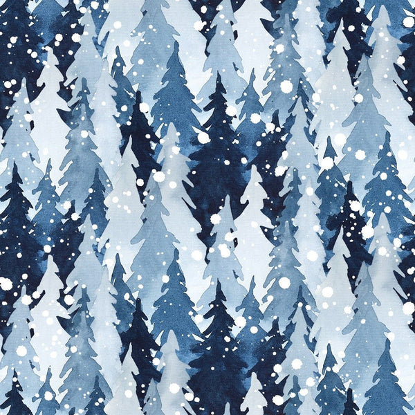 Watercolor Pine Trees & Snow Fabric - Blue - ineedfabric.com