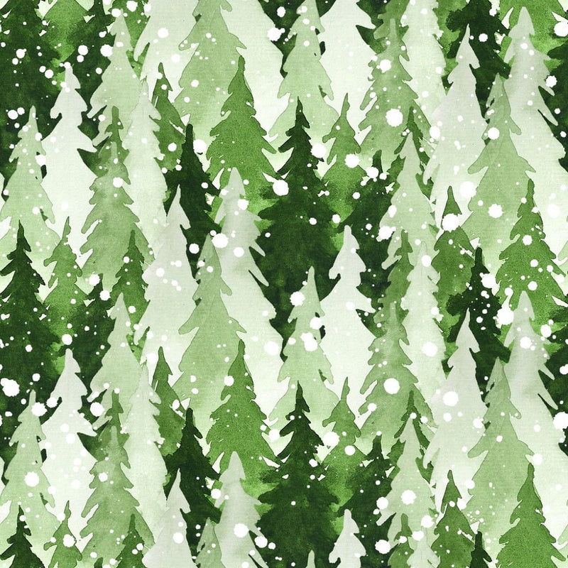 Watercolor Pine Trees & Snow Fabric - Green - ineedfabric.com