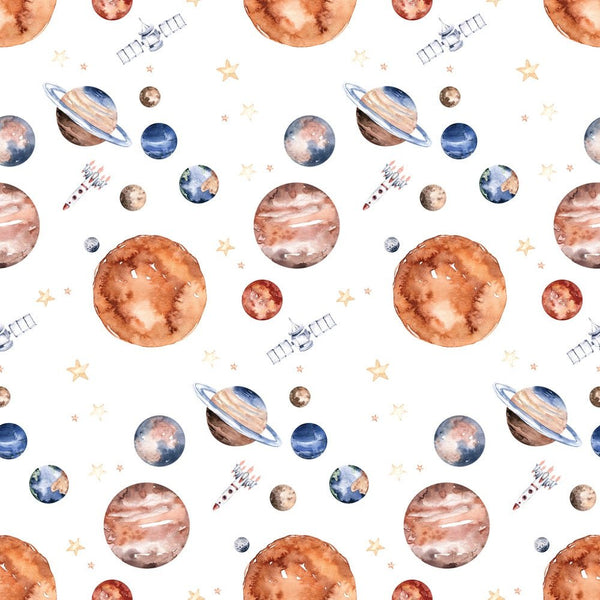 Watercolor Planets of the Universe Fabric - White - ineedfabric.com
