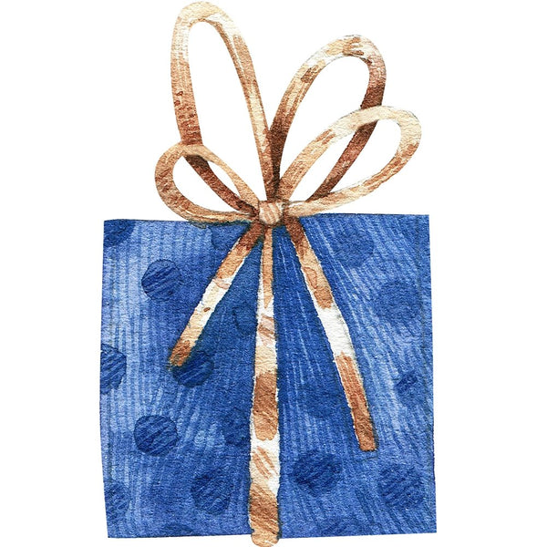 Watercolor Present with Gold Ribbon Fabric Panel - Blue - ineedfabric.com