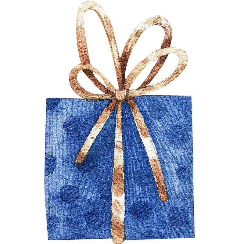 Fun Sewing Watercolor Present with Brown Ribbon Fabric Panel - Blue 43 Inches by 43 Inches
