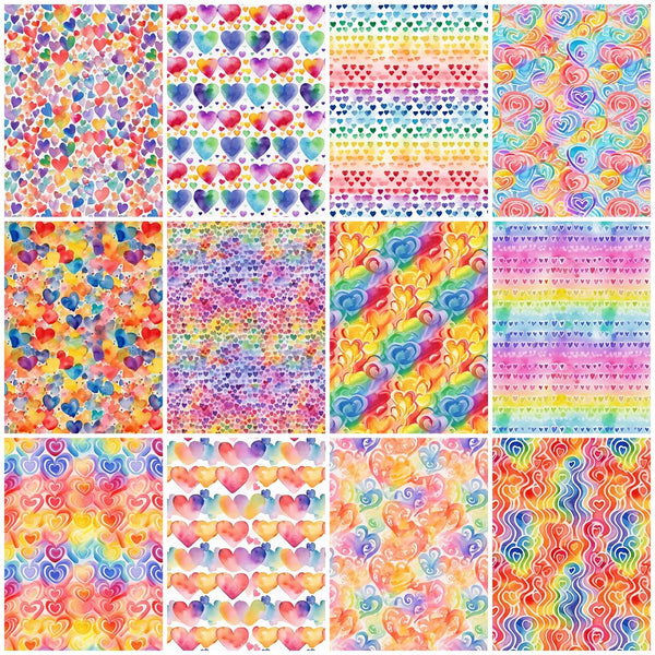 Watercolor Rainbow Hearts Fat Quarter Bundle - 12 Pieces - ineedfabric.com