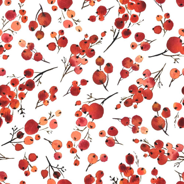 Watercolor Red Holly Berries Fabric - White - ineedfabric.com