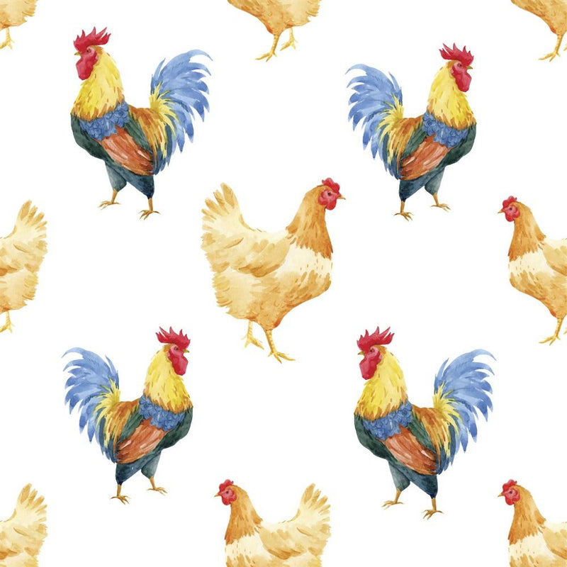 Watercolor Rooster & Hen Fabric - White - ineedfabric.com