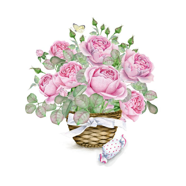 Watercolor Rose Basket Fabric Panel - Pink - ineedfabric.com