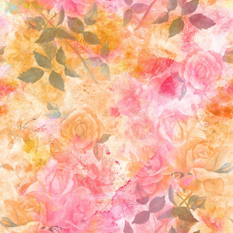 Watercolor Rose & Leaves Fabric - Multi - ineedfabric.com