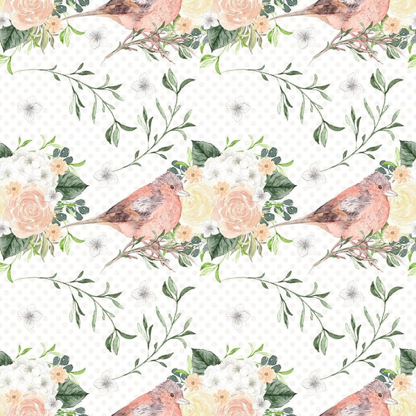 Watercolor Roses and Birds on Dots Fabric - White - ineedfabric.com