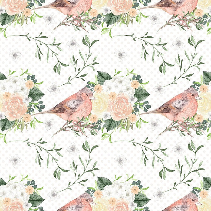 Watercolor Roses and Birds on Dots Fabric - White - ineedfabric.com