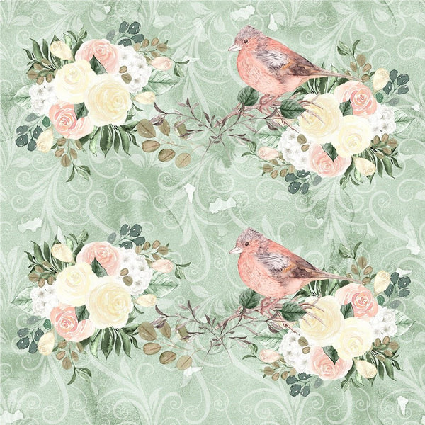 Watercolor Roses and Birds on Grunge Fabric - Green - ineedfabric.com