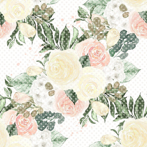 Watercolor Roses Bundles on Dots Fabric - White - ineedfabric.com